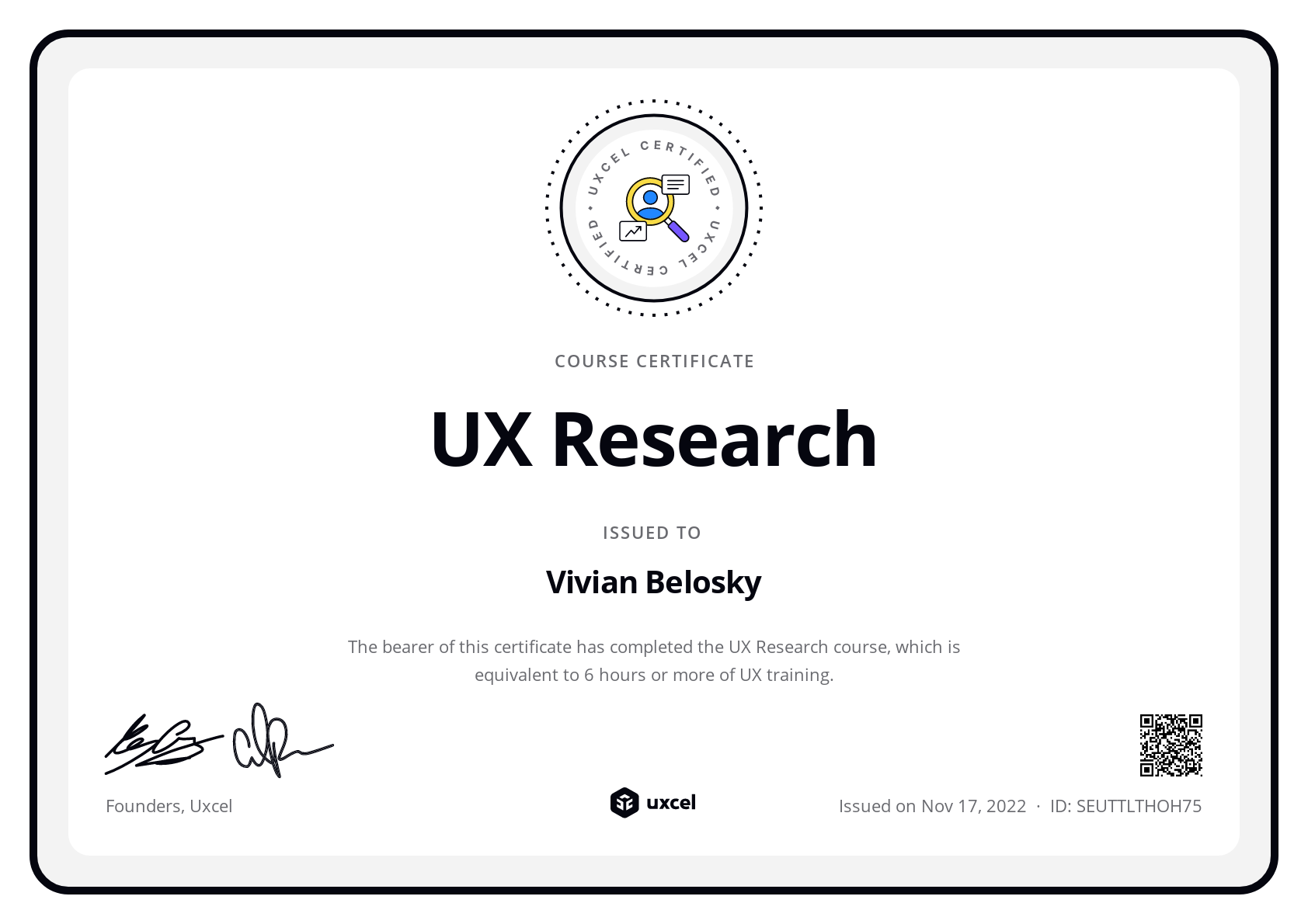 Vivian Belosky's certificate
